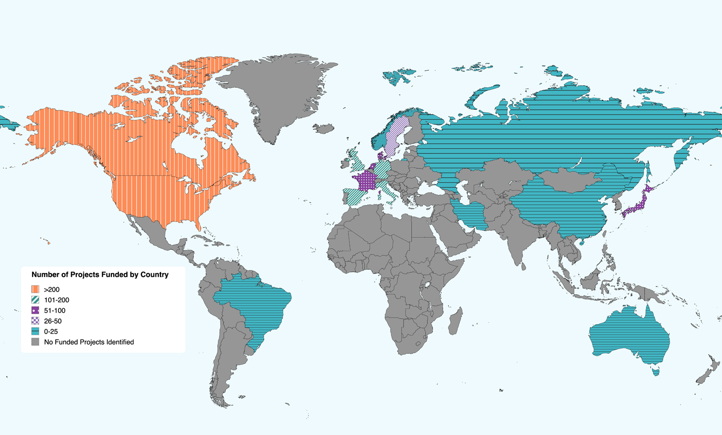 Map of the world depicting projects funded by country